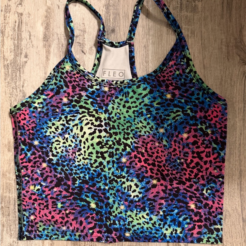 Fleo Switch it Up Neon Leopard Racerback Crop Top Size Small